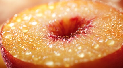 A macro shot of a peach slice, its fuzzy golden skin glowing under soft diffused light, glossy juice droplets adding freshness, set against a pastel cream background, cinematic lighting,