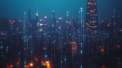 Fototapeta premium Smart digital Innovation city with connection network reciprocity over the cityscape. of future smart wireless digital city and social media networking systems that connects people with in city