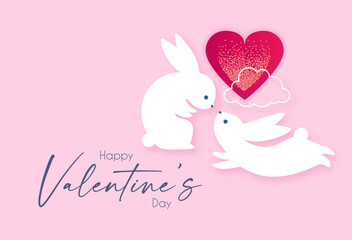 Happy Valentine's day congratulation card template with cute rabbits in love. Expression of tender feelings