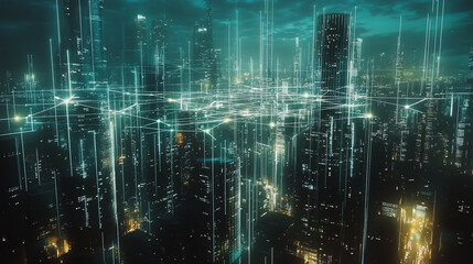 Smart digital Innovation city with connection network reciprocity over the cityscape. of future smart wireless digital city and social media networking systems that connects people with in city