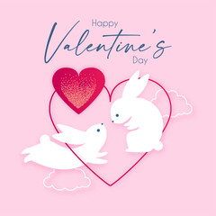 Happy Valentine's day congratulation card template with cute rabbits in love. Expression of tender feelings