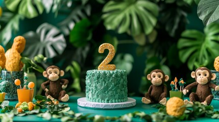 Naklejka premium A birthday cake with the number 2 on it is surrounded by stuffed monkeys