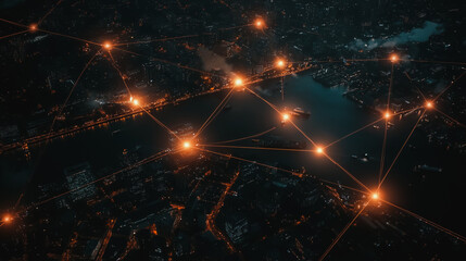 Obraz premium Smart digital Innovation city with connection network reciprocity over the cityscape. of future smart wireless digital city and social media networking systems that connects people with in city