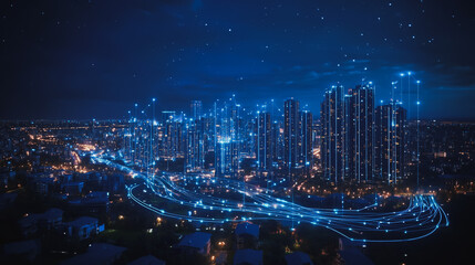 Obraz premium Smart digital Innovation city with connection network reciprocity over the cityscape. of future smart wireless digital city and social media networking systems that connects people with in city