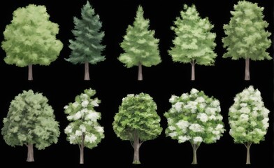 Nine Unique Trees in Grid Pattern with Different Colors and Shapes
