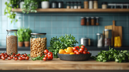 Kitchen counter with glass jars of grains and beans
