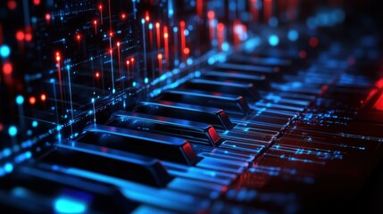 Fototapeta premium A close-up of a black piano keyboard with neon blue and red lighting and a futuristic digital aesthetic.