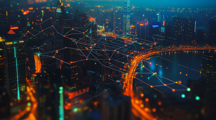 Obraz premium Smart digital Innovation city with connection network reciprocity over the cityscape. of future smart wireless digital city and social media networking systems that connects people with in city