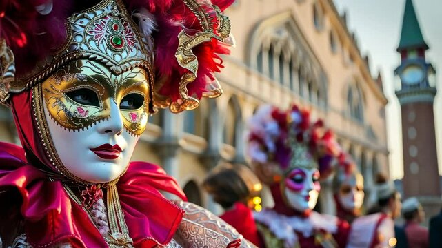 A person wearing an elaborate Venetian mask with gold detailing, red feathers, and ornate design during a colorful carnival in a historic city square.

