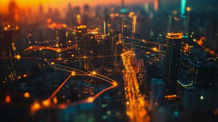 Smart digital Innovation city with connection network reciprocity over the cityscape. of future smart wireless digital city and social media networking systems that connects people with in city