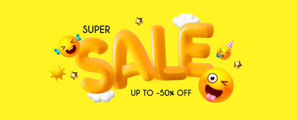 Super sale 3D text with smiling faces. Special offer poster template.