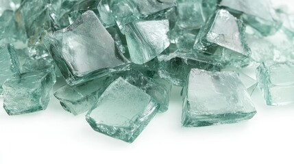 Obraz premium Close-Up View of Shattered Glass Pieces in Various Shapes and Textures Against a Light Background, Perfect for Design and Art Projects