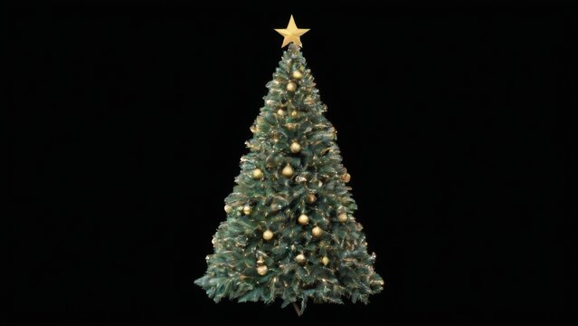 Christmas tree with golden star, tall and slender design. Decorated with small gold ornaments, lights, against black background.