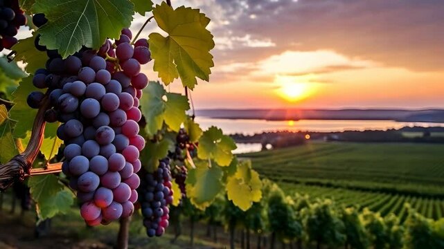 Sunlit vineyard at sunrise with rows of green grapevines filled with ripe grapes stretching across rolling hills in a serene countryside setting.

