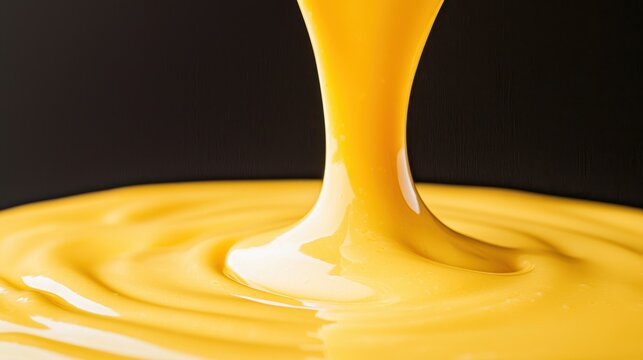 Liquid yellow sauce flowing gracefully on a black surface