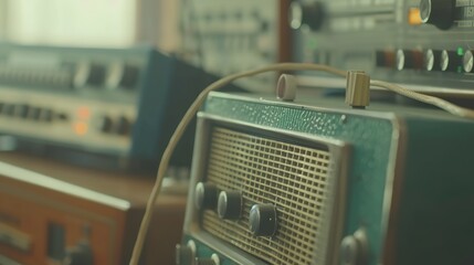Close-up of vintage radio emitting static noise, contrasting with modern digital devices, symbolizing the shift from traditional to digital media.