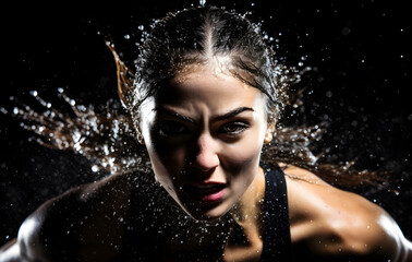 Fototapeta premium Image of a woman with wet skin exercising, close-up.