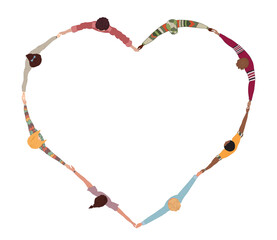Naklejka premium Chain of a group of multicultural isolated people seen from above holding hands and forming a heart shape.Community of friends or volunteers.Inclusion.Cooperation teamwork.Top View