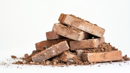 Pile of Unused Bricks with Soil and Dust on a White Background Ideal for Construction, Architecture, and Home Improvement Illustrations and Projects