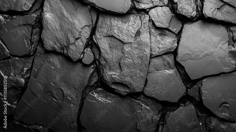 Poster a textured black stone wall with varying shapes and sizes of slate-like rocks.