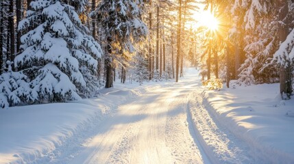 Obraz premium Sunlit Path Through Snowy Forest