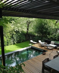 Fototapeta premium Luxury Backyard Oasis: Modern Pool Design with Lush Greenery and Wooden Deck