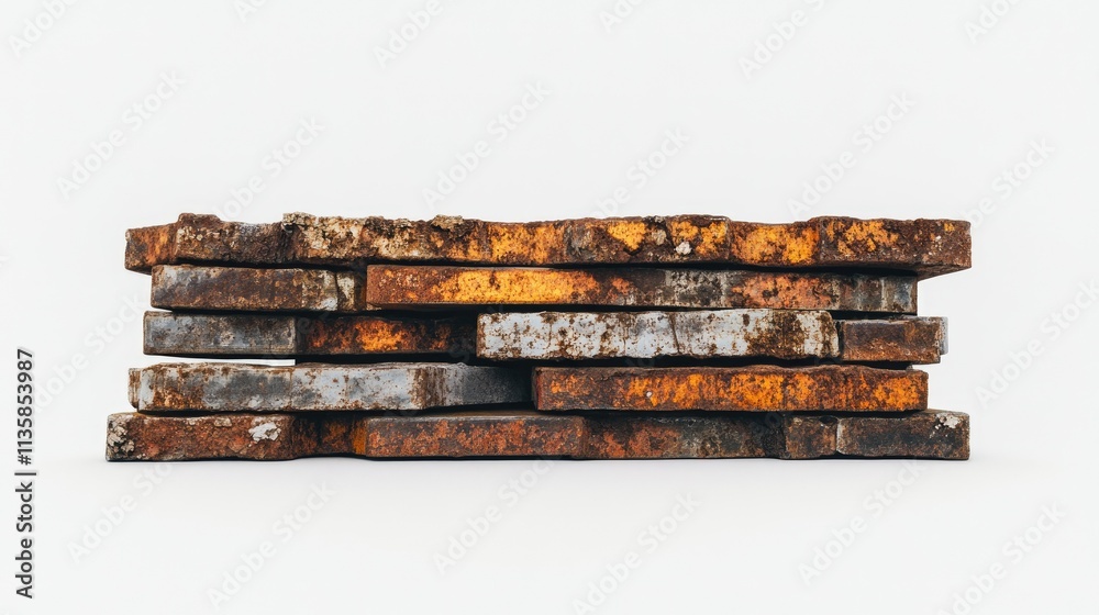 Poster stacked rusty metal plates with texture and patina, displaying unique color patterns against a plain