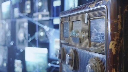 Close-up of vintage radio emitting static noise, contrasting with modern digital devices, symbolizing the shift from traditional to digital media.
