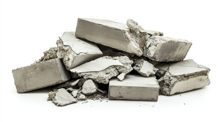 Pile of Broken Concrete Blocks and Debris on White Background, Ideal for Construction, Renovation, and Urban Landscape Projects in Stock Photography