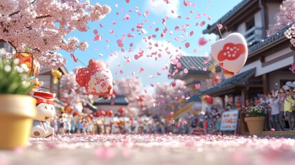 Obraz premium Vibrant Sakura Festival with Cherry Blossoms and Festive Decorations