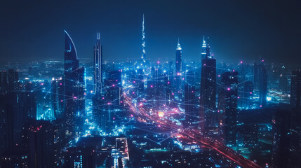 Fototapeta premium Smart digital Innovation city with connection network reciprocity over the cityscape. of future smart wireless digital city and social media networking systems that connects people with in city