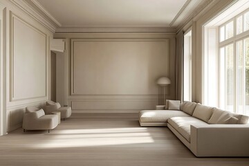 Fototapeta premium minimalistic classic living room with neutral-colored walls and elegant simple furniture
