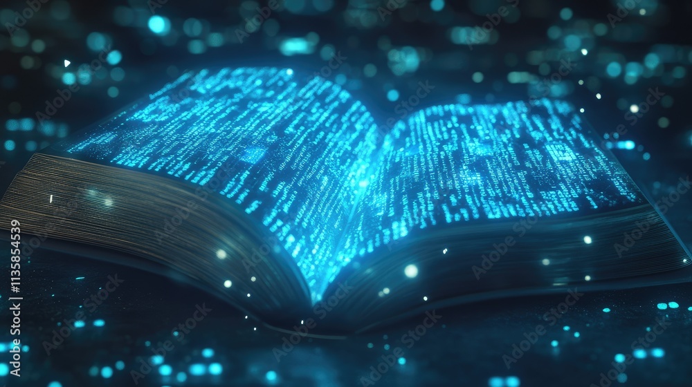 Poster open book with glowing digital code background showcasing technology and knowledge connection in a f