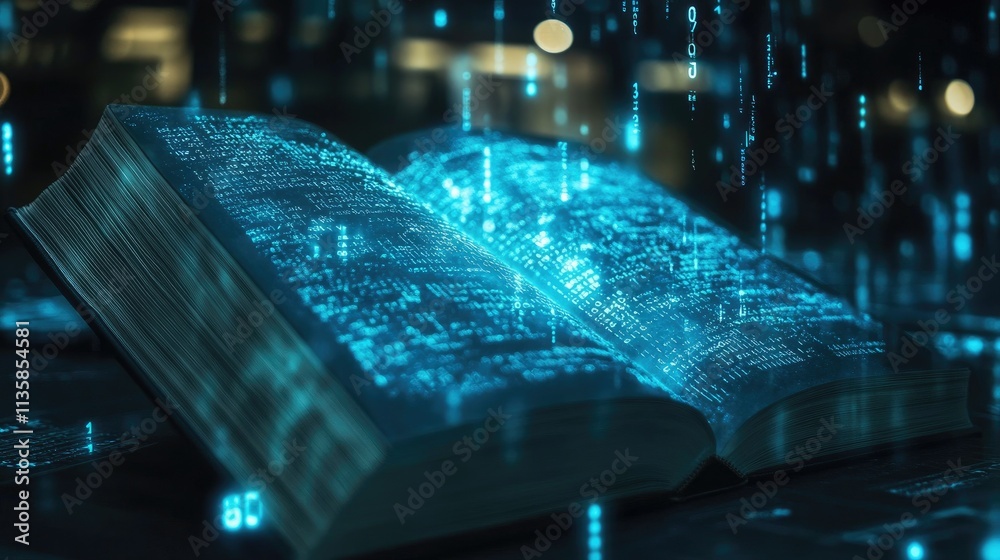Poster open book with glowing blue data and binary code, symbolizing the fusion of knowledge and technology
