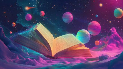 Naklejka premium An Enchanted Open Book Surrounded by Colorful Planets and Cosmic Elements in a Mystical Space Environment for Imaginative and Fantasy Themes