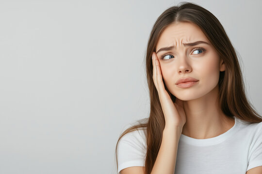 A woman with long hair is looking at the camera with a concerned expression