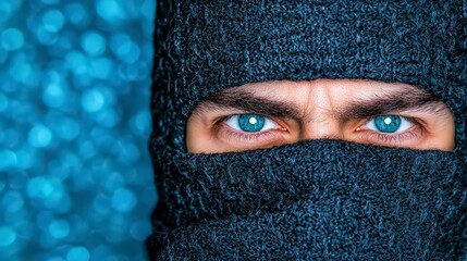 Mysterious Man  Blue Eyes  Knit Mask  Dark Background  Cinematic Lighting  Closeup Portrai