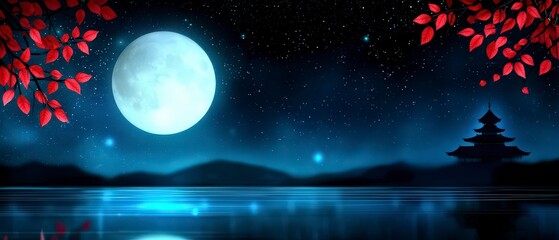 Fototapeta premium Serene Night Scene Full Moon Temple Red Leaves Lake