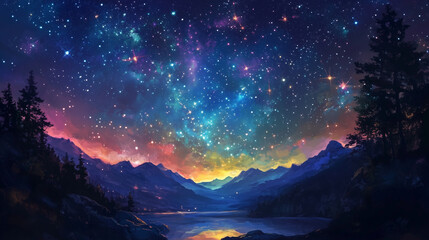 Celestial Serene: A breathtaking panorama of a vibrant, colorful night sky ablaze with stars over tranquil mountains and a serene lake. 