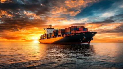 Cargo ship at sunset. Global trade and logistics concept.