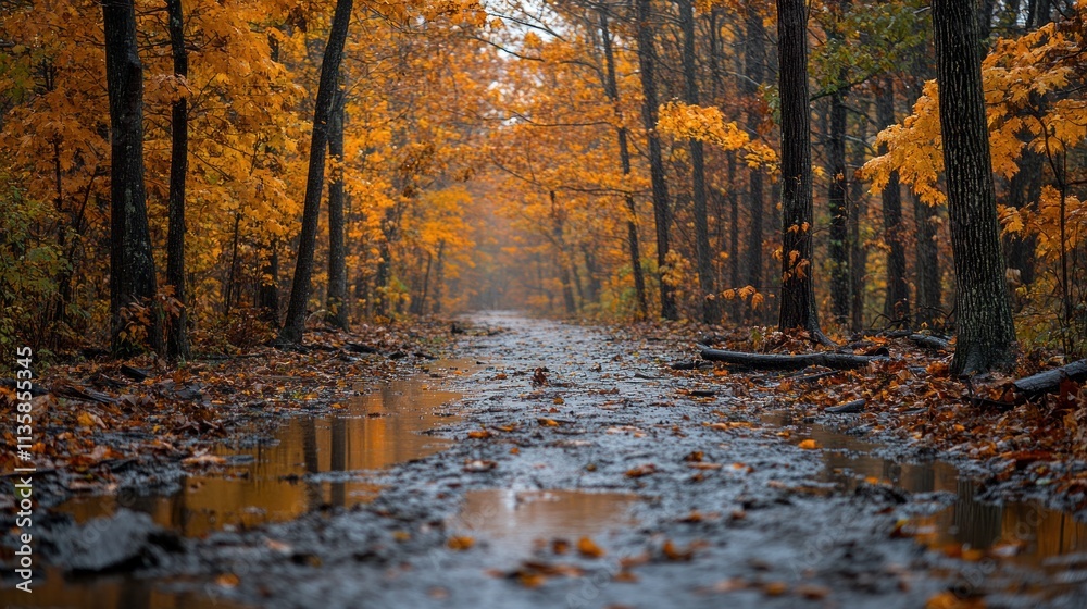 Poster A tranquil forest path lined with vibrant autumn leaves and reflections in puddles.