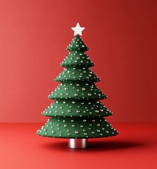 Obraz premium Minimalist Green Christmas Tree 3D Render with Silver Ornaments