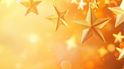Golden Stars Hanging Against a Warm Background, Perfect for Holiday Celebrations and Festive Decorations in Various Creative Projects