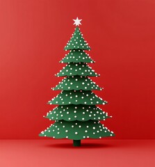 Minimalist Green Christmas Tree Red Background