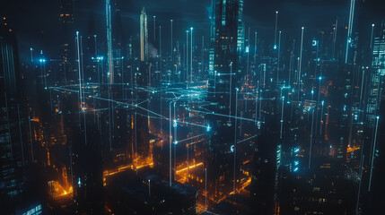 Obraz premium Smart digital Innovation city with connection network reciprocity over the cityscape. of future smart wireless digital city and social media networking systems that connects people with in city