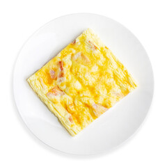 Egg omelette, top view, on a white background, isolated.