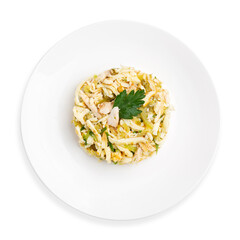 Salad with chicken and vegetables, top view, on a white background, isolated.
