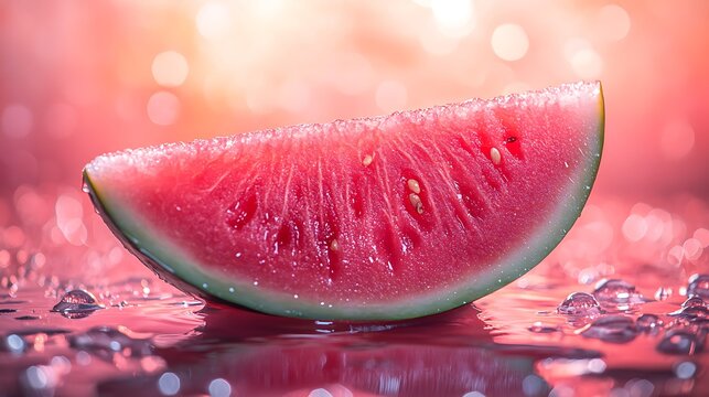 A radiant watermelon slice with glowing red pulp, shimmering water droplets trickling down its surface, illuminated by soft backlighting, pastel coral background providing a vibrant, tropical vibe,