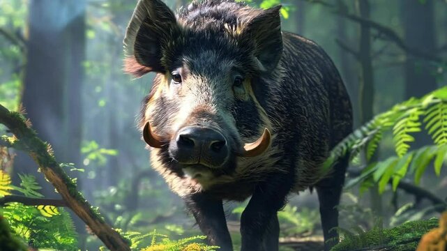 Majestic wild boar in lush forest with sunlit ferns AI