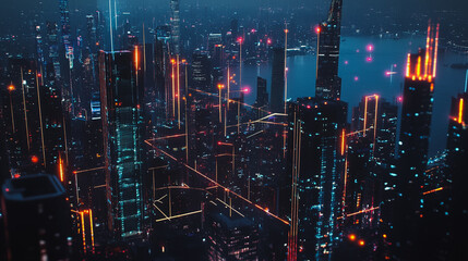 Fototapeta premium Smart digital Innovation city with connection network reciprocity over the cityscape. of future smart wireless digital city and social media networking systems that connects people with in city